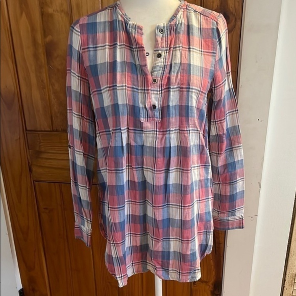Anthropologie Holding Horses Plaid tunic Henley top small pink blue white cotton
